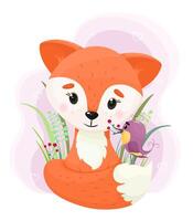 Cute fox with another bird sitting in the grass. vector