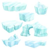 Realistic set of ice crystals, broken icebergs, cold frozen blocks of ice, winter landscape for game cartoon design vector