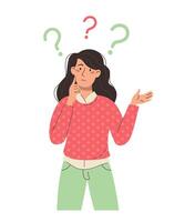 Puzzled and thinking girl with question marks. Person vector