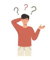 Puzzled and thinking man with question marks. vector