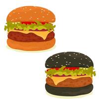 Classic and black hamburger. Burger with lettuce and tomato in cartoon style vector
