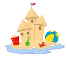 Sand castle surrounded by water with a crab, spatula and ball. vector