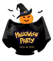 Happy Halloween lettering handwritten text. Cobweb and bats with pumpkin and text on a orange background. Helloween vector