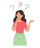 Puzzled and thinking girl with question marks. Person vector