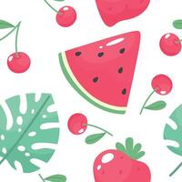 Seamless summer pattern with watermelon, strawberry and cherry, pineapple and tropical leaf. vector