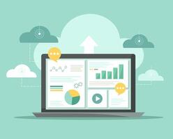 Cloud computing technology network with laptop, online devices upload information and data to the database. Cloud storage. vector