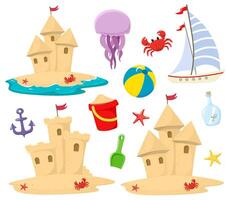 Sandcastle beach icons set with decorative elements in cartoon style. Marine theme. vector