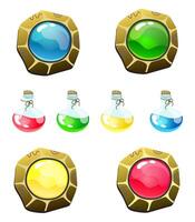 Set of magical fantasy buttons and bottles with liquid. vector