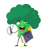 Cheerful broccoli, apprentice with a pencil, protractor and book. vector
