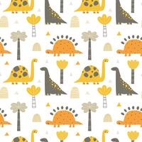 Seamless pattern with palm trees and animals, dinosaurs in cartoon style vector