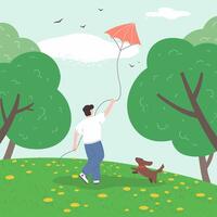 Guy playing with a dog, flying a kite, time with his beloved pet vector