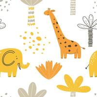 Seamless pattern with palm trees and animals, dinosaurs in cartoon style vector
