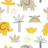 Seamless pattern with palm trees and animals, dinosaurs in cartoon style vector