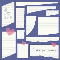 Collection of torn notebook sheets, math notes, notes, pieces of squared paper, scraps. vector