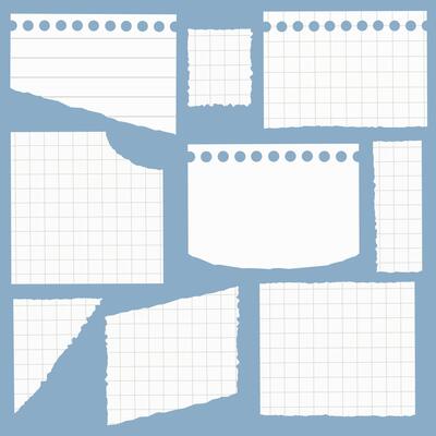 Collection of torn notebook sheets, math notes, notes, pieces of squared paper, scraps