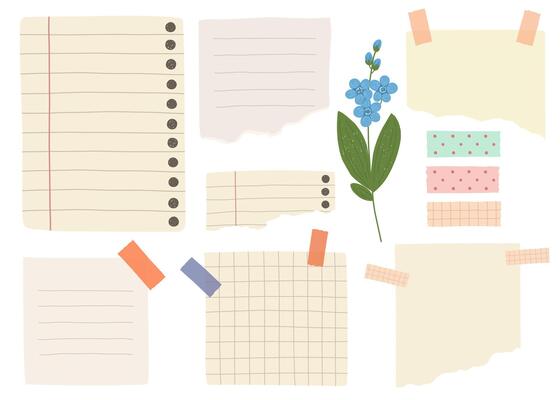 Collection of note paper, task and to-do list, sticker templates, planner page with ribbon.