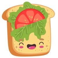 Toast with tomato and lettuce, cute and cartoon character with happiness emotion, food. vector