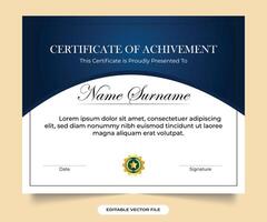 Elegant certificate of achievement with blue and golden badge. calligraphy Award and Achievement credentials designed for appreciation and honor Certificate document of achievement vector