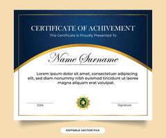 Elegant certificate of achievement with blue and golden badge. calligraphy Award and Achievement credentials designed for appreciation and honor Certificate document of achievement vector