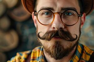 Close up portrait of hipster man with glasses, hat, and mustache, rustic setting photo
