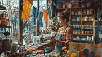 Small business owner decorating store with colorful banners, arranging merchandise on shelves, and preparing for grand opening in a vibrant downtown area photo