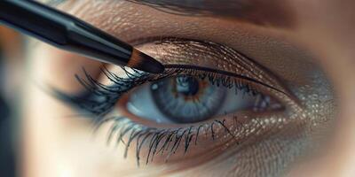 Close up of Eye with Precision Eyeliner Makeup Application. photo