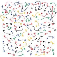 Doodle arrows. Hand drawn thin line arrows set design. Many arrows , curvy and wavy different colour arrows isolated on white background. illustration. vector