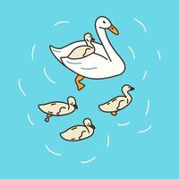 Mother goose with little ducklings swim in lake. vector
