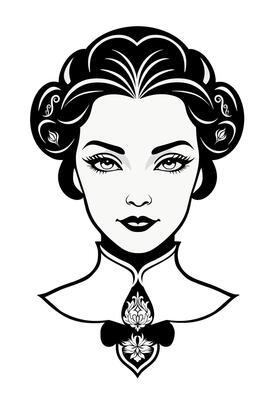 Edwardian hair with voluminous pompadour and hair accessories from 1900s. Collar flower embroidery illustration
