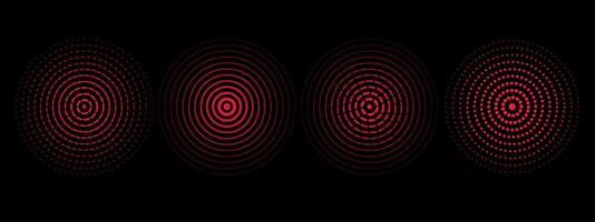 Set of red sound wave rings of discontinuous lines and dots. Rings with radial lines. Target icon, epicenter. Concentric vortex circles. illustration on black background vector