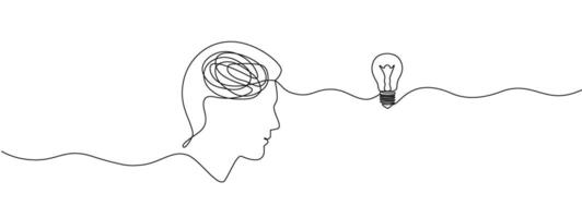 A head with a light bulb drawn in one continuous line. Concept of thinking, education, psychology. editable line illustration. vector