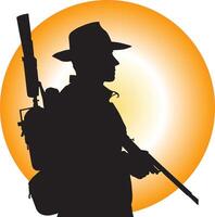 silhouette of a man with a rifle walking in the grass vector