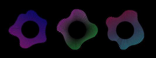 A set of neon equalizers on a black background. Audio multicolor waves. Radial curve of audio wave. illustration. vector