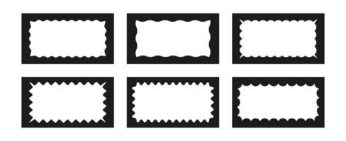 A collection of rectangular frames with wavy inner edges. Trendy zigzag curved geometric frames for decorative design, stamps, stickers, price tags. illustration vector