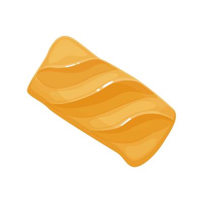 Wheat bread, ciabatta in flat bright cartoon style. Homemade pastry baked with yeast dough. Isolated food illustration for bakery poster, banner, card, advertising
