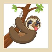 Cute cartoon sloth hanging on a tree branch and sticking out its tongue vector