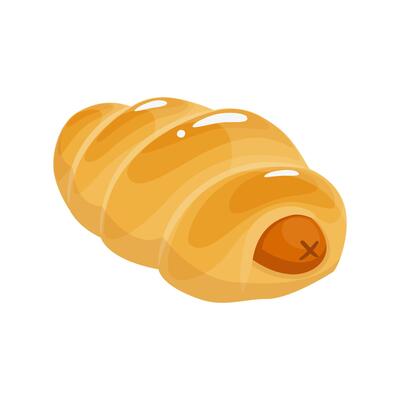 Tasty sausage bread roll in flat cartoon style. Bun baked with yeast dough, homemade and bakery product. Isolated food illustration for poster, banner, card, advertising