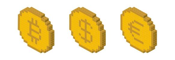 Set of bitcoin, dollar and euro coins in isometry. vector