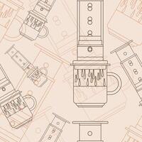 Editable Aeropress Manual Brewing Coffee Maker Vectorized Illustration in Outline Style as Seamless Pattern for Creating Background of Cafe Related Purposes vector