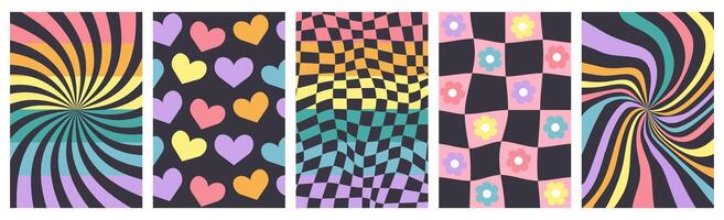 Rainbow groovy poster set. Psychedelic distorted pattern collection for banner, greeting card, party. LGBT Pride month. Trendy retro illustration isolated on dark background vector