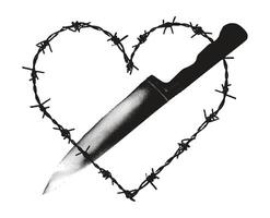 Trendy grunge element with retro photocopy stipple effect. Barbed wire heart shaped frame and knife Y2K goth core 2000s style. Modern illustration dots texture. For poster design, t-shirt print vector