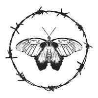Trendy grunge element with retro photocopy stipple effect. Butterfly and barbed wire round frame Y2K goth core 2000s style. Modern illustration dots texture. For poster design, t-shirt print vector