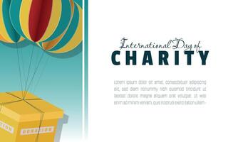 International Day of Charity template with a donation box was flown by balloon vector