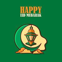 Greeting Eid Mubarak Cartoon Simple Design Style, With Cute Lantern and Green Background. Suitable to Use for Ramadhan or Islamic Event. vector