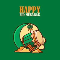 Greeting Eid Mubarak Cartoon Simple Design Style, With Cute Bedug Islamic Drum and Green Background. Suitable to Use for Ramadhan or Islamic Event. vector