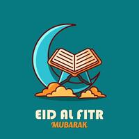 Greeting Eid Al Fitr Mubarak Cartoon Simple Design Style, With Cute Al-Qur'an and Blue Background. Suitable to Use for Ramadhan or Islamic Event. vector