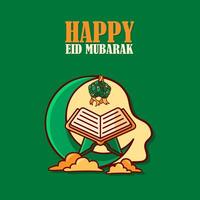 Greeting Eid Mubarak Cartoon Simple Design Style, With Cute Al-Qur'an and Green Background. Suitable to Use for Ramadhan or Islamic Event. vector