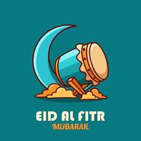 Greeting Eid Al Fitr Mubarak Cartoon Simple Design Style, With Cute Bedug Islamic Drum and Blue Background. Suitable to Use for Ramadhan or Islamic Event. vector
