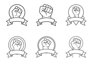 A hand clenched into a fist infront of ribbon for Labour Day concept line art illustration design Bundle set. vector