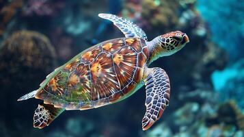A sea turtle gracefully swimming in the blue waters photo